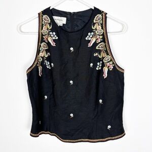 D.Morgan Top Size 10 Floral Embroidered Sleeveless Linen Rayon Black Zipper Back